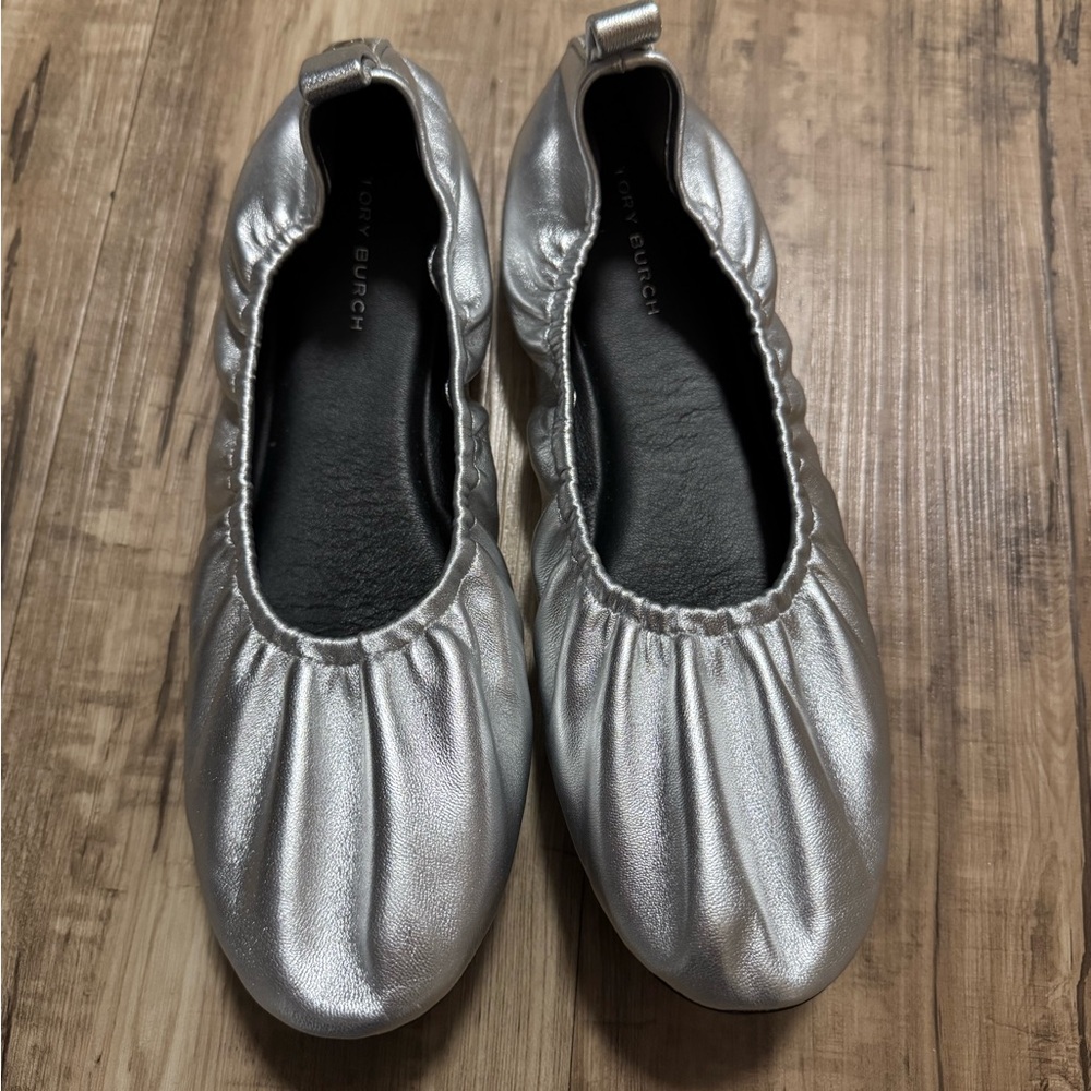 Tory Burch Metallic Silver Slippers